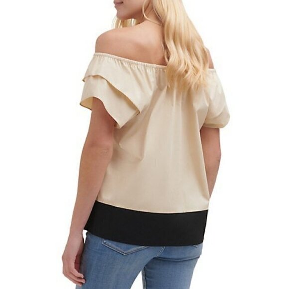 NWT DKNY Straw black off shoulder elastic neckline tiered short sleeves - Picture 2 of 16